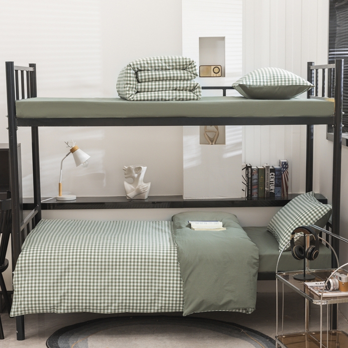 91家纺网 家纺一手货源 找家纺 柠萌家居 2025新款无印良品风色织水洗棉A类学生宿舍三件套 小格绿