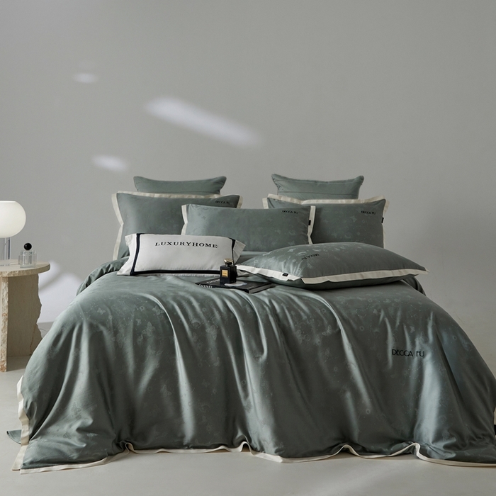 91家纺网 家纺一手货源 找家纺 安莱生活 2024新款60S天丝棉提花四件套-铂金摩卡 星辰-梦华绿