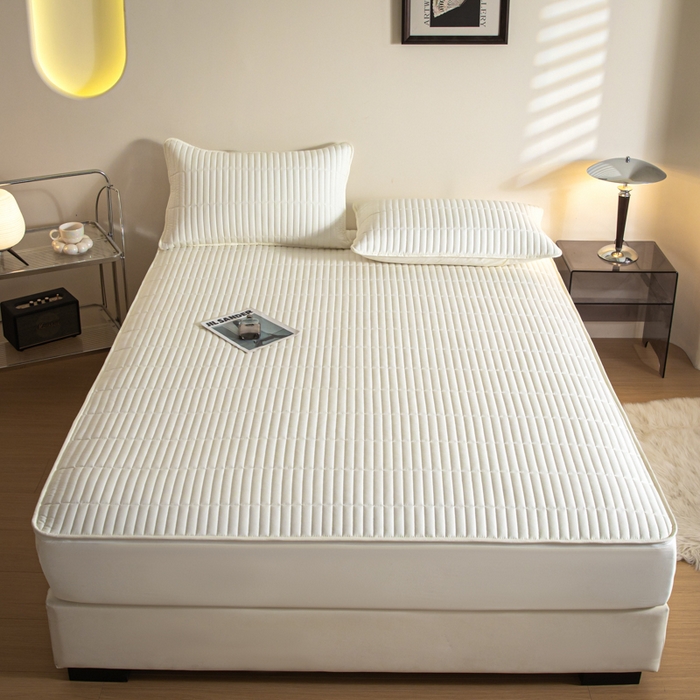 91家纺网 家纺一手货源 找家纺 雪云美 六面全包夹棉床笠拉链款A类原棉床垫套子床罩 格韵-珍珠白