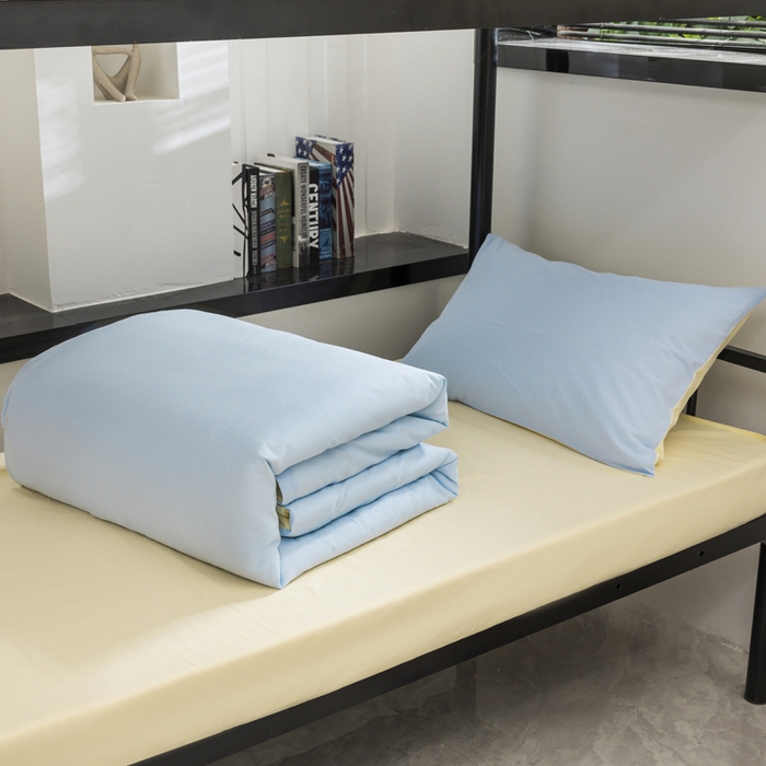 91家纺网 家纺一手货源 找家纺 柠萌家居 2025新款无印良品风色织水洗棉A类学生宿舍三件套 天蓝奶黄