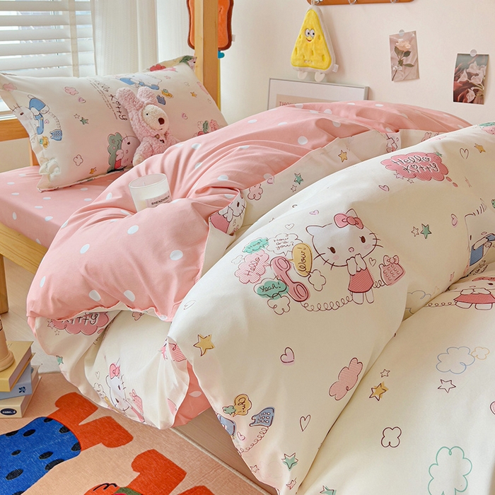 91家纺网 家纺一手货源 找家纺 楠沐家纺 2025新款亲肤芦荟棉印花学生宿舍上下铺四件套三件套 粉蓝喵喵