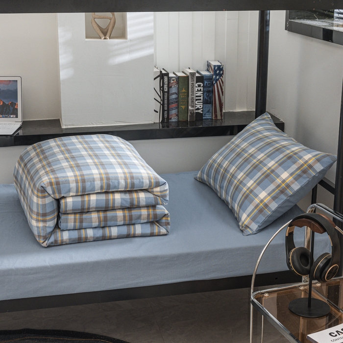 91家纺网 家纺一手货源 找家纺 柠萌家居 2025新款无印良品风色织水洗棉A类学生宿舍三件套 简兮蓝