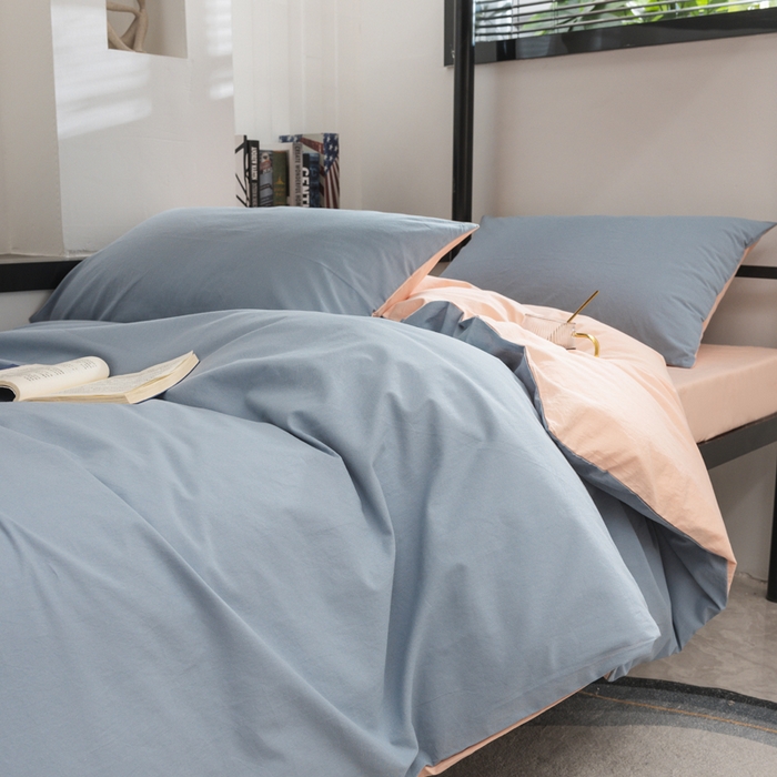 91家纺网 家纺一手货源 找家纺 柠萌家居 2025新款无印良品风色织水洗棉A类学生宿舍三件套 浅蓝粉