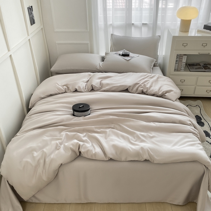 91家纺网 家纺一手货源 找家纺 乐沐家纺 2024新款夏季水洗冰丝四件套水洗真丝纯色双拼单被套-风格二 月光灰