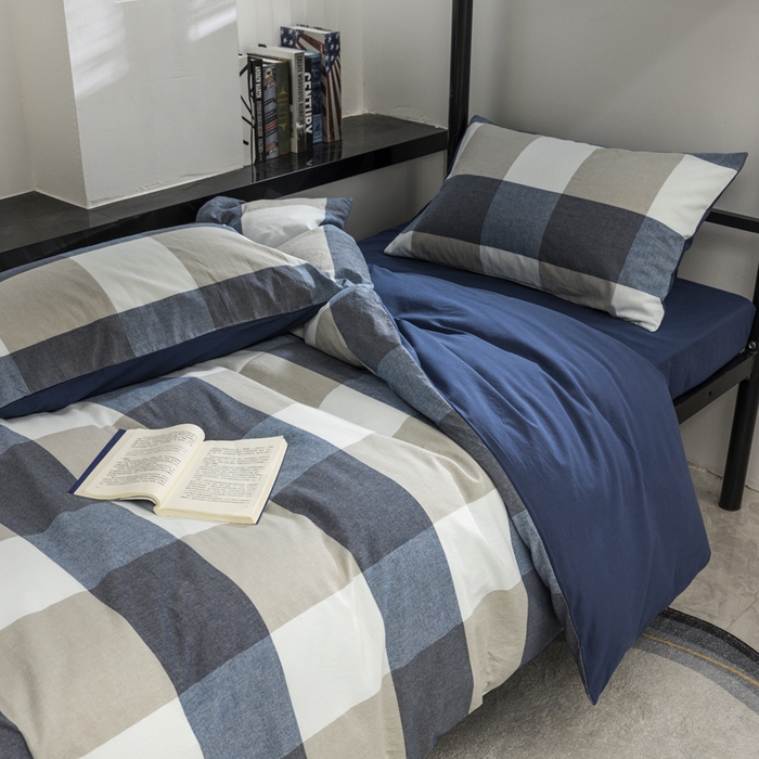 91家纺网 家纺一手货源 找家纺 柠萌家居 2025新款无印良品风色织水洗棉A类学生宿舍三件套 蓝调格