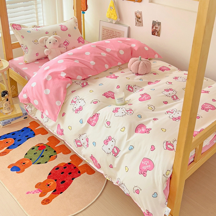 91家纺网 家纺一手货源 找家纺 楠沐家纺 2025新款亲肤芦荟棉印花学生宿舍上下铺四件套三件套 糖果kt猫