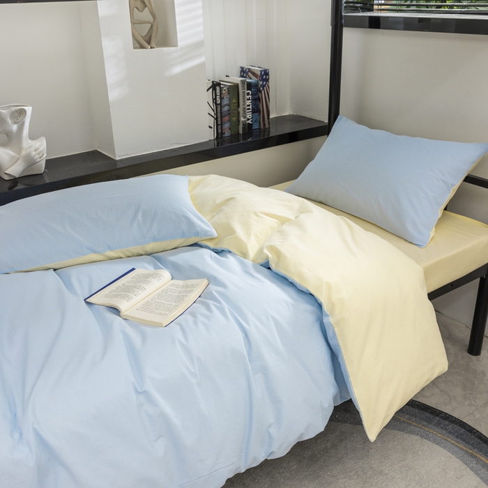 91家纺网 家纺一手货源 找家纺 柠萌家居 2025新款无印良品风色织水洗棉A类学生宿舍三件套 天蓝奶黄