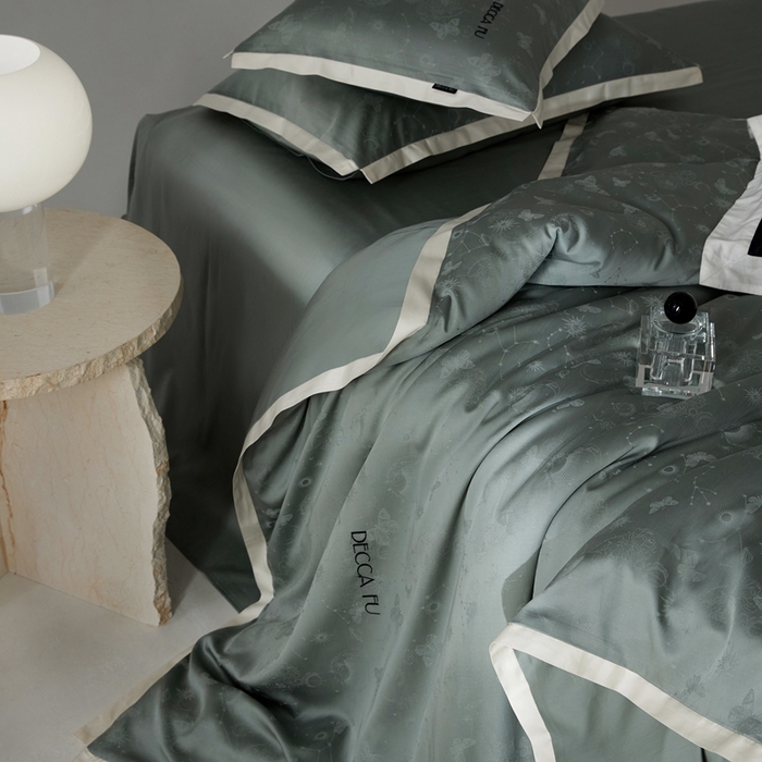 91家纺网 家纺一手货源 找家纺 安莱生活 2024新款60S天丝棉提花四件套-铂金摩卡 星辰-梦华绿