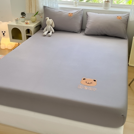 九亭家纺  2024新款熊熊系列全棉刺绣单层床笠 熊熊-银灰