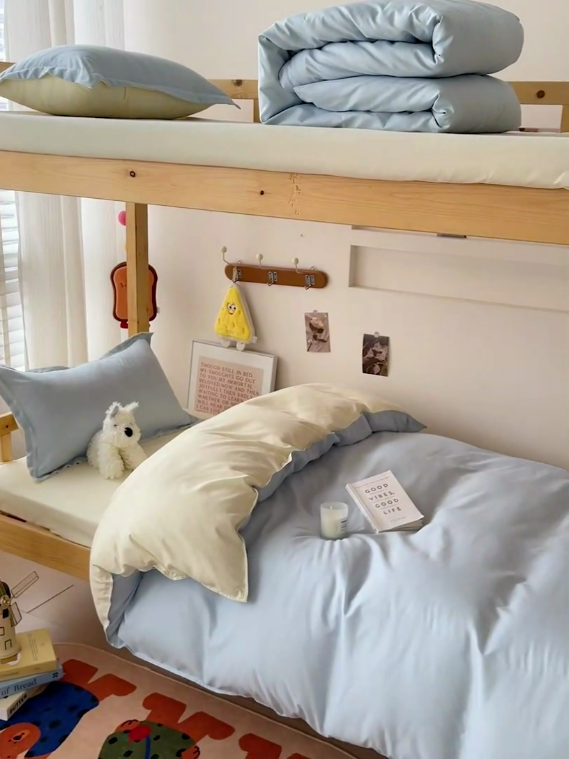 91家纺网 家纺一手货源 找家纺 楠沐家纺 2025新款亲肤芦荟棉印花学生宿舍上下铺四件套三件套 芝士蓝