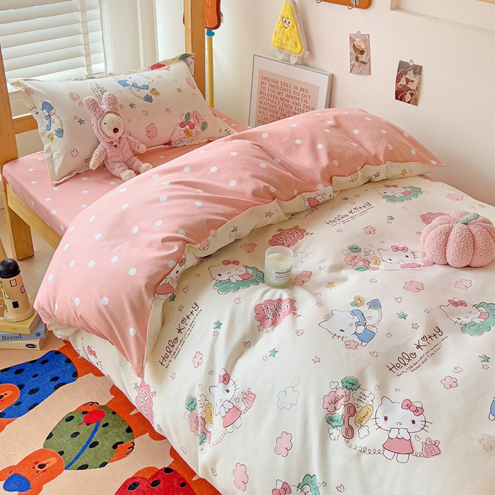 91家纺网 家纺一手货源 找家纺 楠沐家纺 2025新款亲肤芦荟棉印花学生宿舍上下铺四件套三件套 粉蓝喵喵