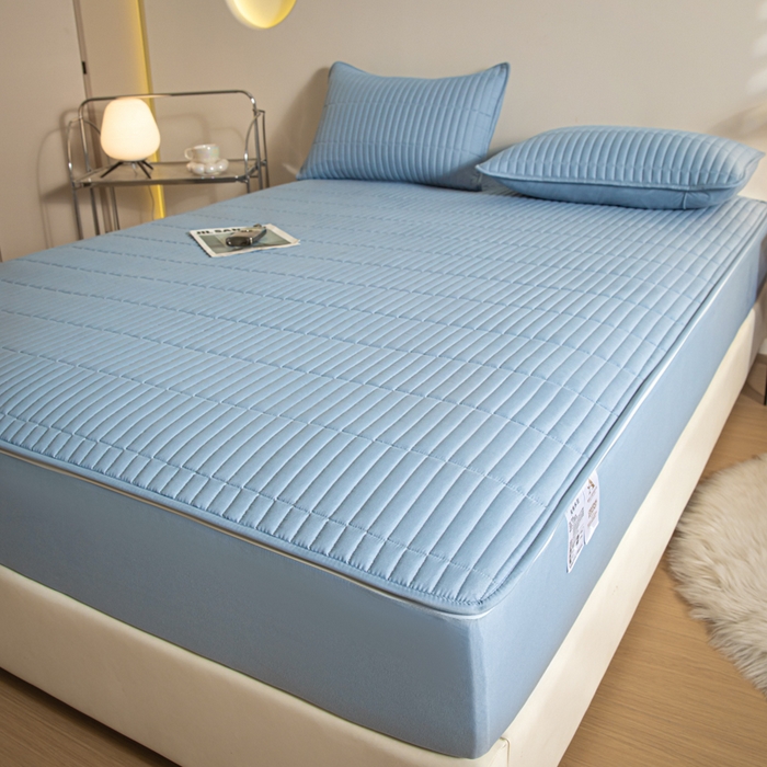 91家纺网 家纺一手货源 找家纺 雪云美 六面全包夹棉床笠拉链款A类原棉床垫套子床罩 格韵-天空蓝