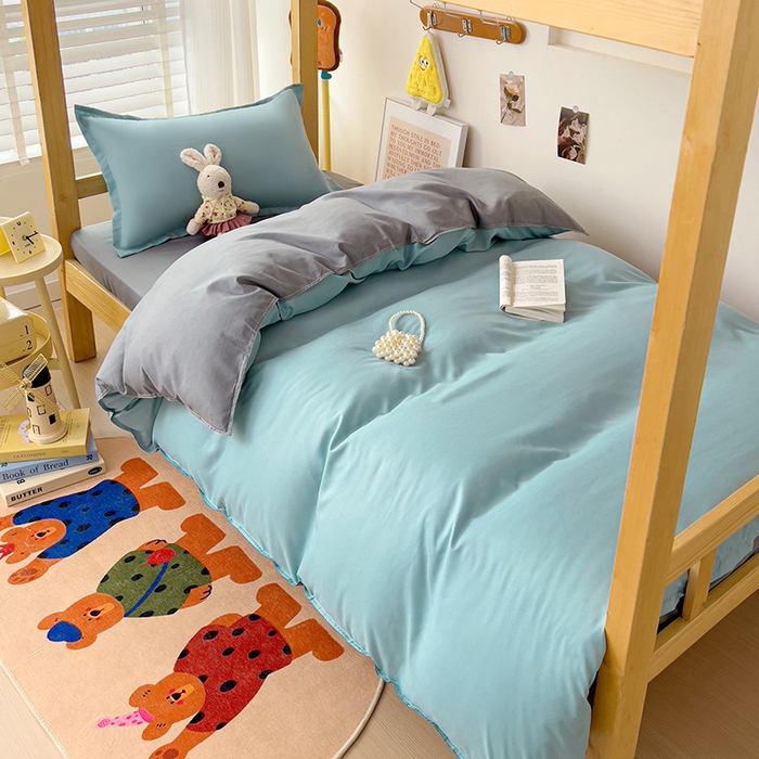 91家纺网 家纺一手货源 找家纺 楠沐家纺 2025新款亲肤芦荟棉印花学生宿舍上下铺四件套三件套 水蓝银灰