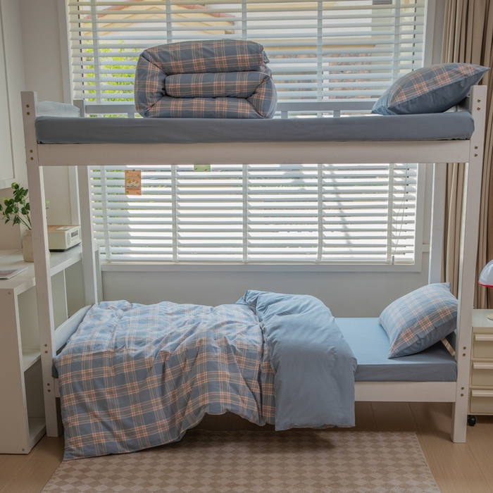 91家纺网 家纺一手货源 找家纺 柠萌家居 2025新款无印良品风色织水洗棉A类学生宿舍三件套 麦凯蓝