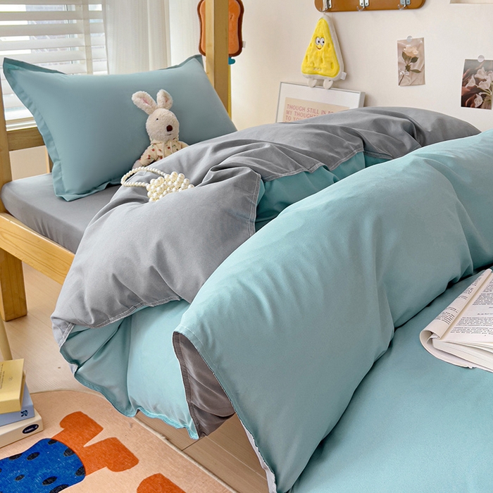 91家纺网 家纺一手货源 找家纺 楠沐家纺 2025新款亲肤芦荟棉印花学生宿舍上下铺四件套三件套 水蓝银灰