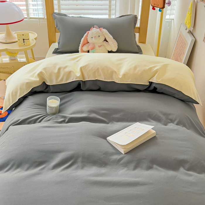 91家纺网 家纺一手货源 找家纺 楠沐家纺 2025新款亲肤芦荟棉印花学生宿舍上下铺四件套三件套 银灰米黄