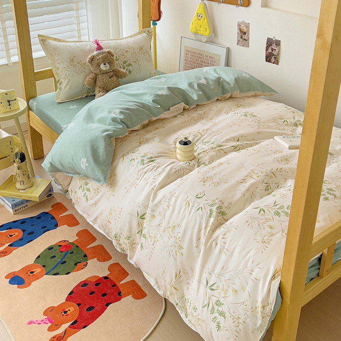 91家纺网 家纺一手货源 找家纺 楠沐家纺 2025新款亲肤芦荟棉印花学生宿舍上下铺四件套三件套 仙草