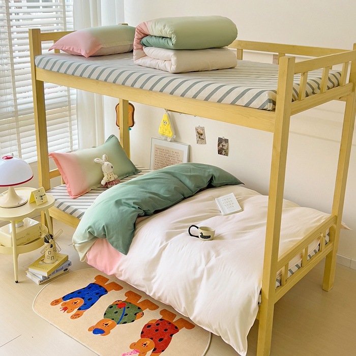 91家纺网 家纺一手货源 找家纺 楠沐家纺 2025新款亲肤芦荟棉印花学生宿舍上下铺四件套三件套 松石粉绿