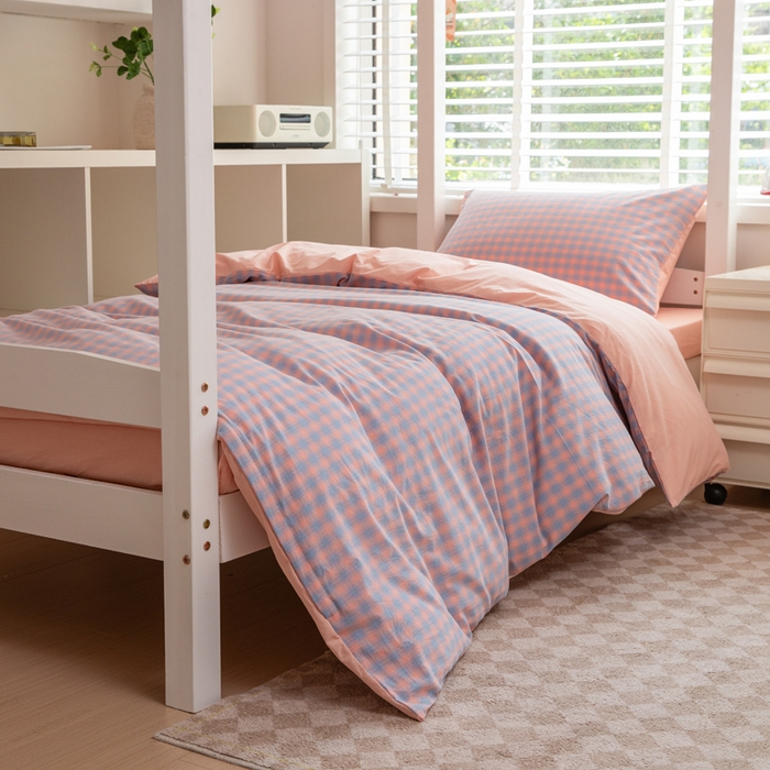 91家纺网 家纺一手货源 找家纺 柠萌家居 2025新款无印良品风色织水洗棉A类学生宿舍三件套 星辰蓝桔