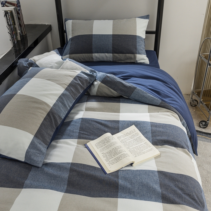 91家纺网 家纺一手货源 找家纺 柠萌家居 2025新款无印良品风色织水洗棉A类学生宿舍三件套 蓝调格