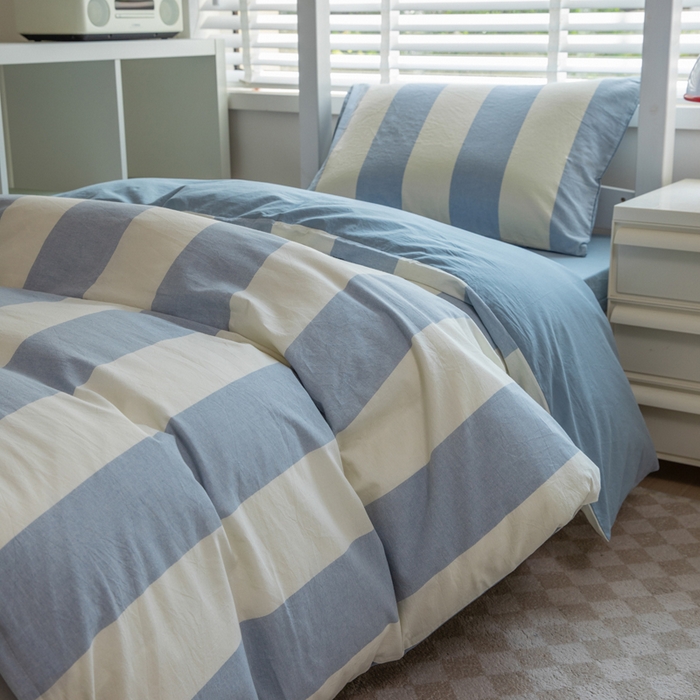 91家纺网 家纺一手货源 找家纺 柠萌家居 2025新款无印良品风色织水洗棉A类学生宿舍三件套 初享时光-浅蓝