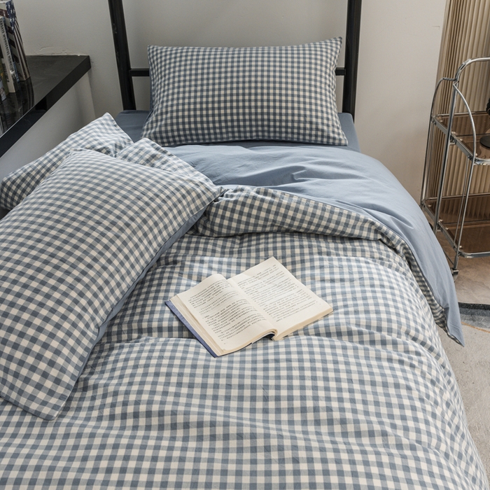 91家纺网 家纺一手货源 找家纺 柠萌家居 2025新款无印良品风色织水洗棉A类学生宿舍三件套 蓝小格