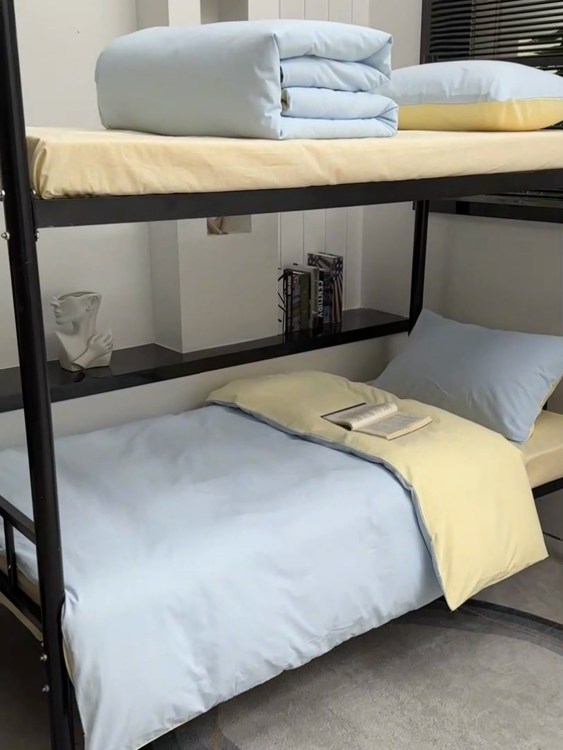 91家纺网 家纺一手货源 找家纺 柠萌家居 2025新款无印良品风色织水洗棉A类学生宿舍三件套 天蓝奶黄