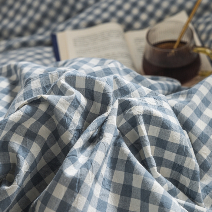 91家纺网 家纺一手货源 找家纺 柠萌家居 2025新款无印良品风色织水洗棉A类学生宿舍三件套 蓝小格