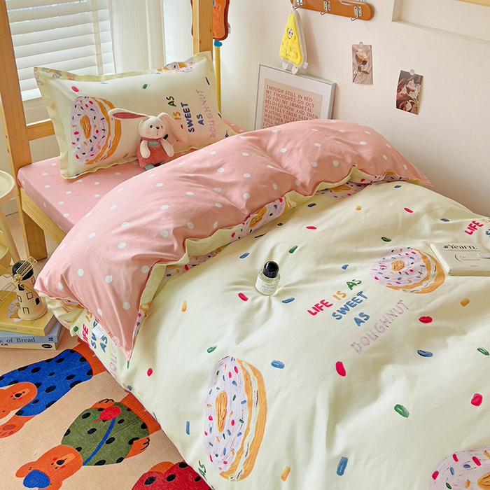 91家纺网 家纺一手货源 找家纺 楠沐家纺 2025新款亲肤芦荟棉印花学生宿舍上下铺四件套三件套 甜甜圈