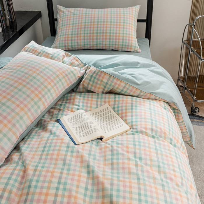 91家纺网 家纺一手货源 找家纺 柠萌家居 2025新款无印良品风色织水洗棉A类学生宿舍三件套 冰激凌绿