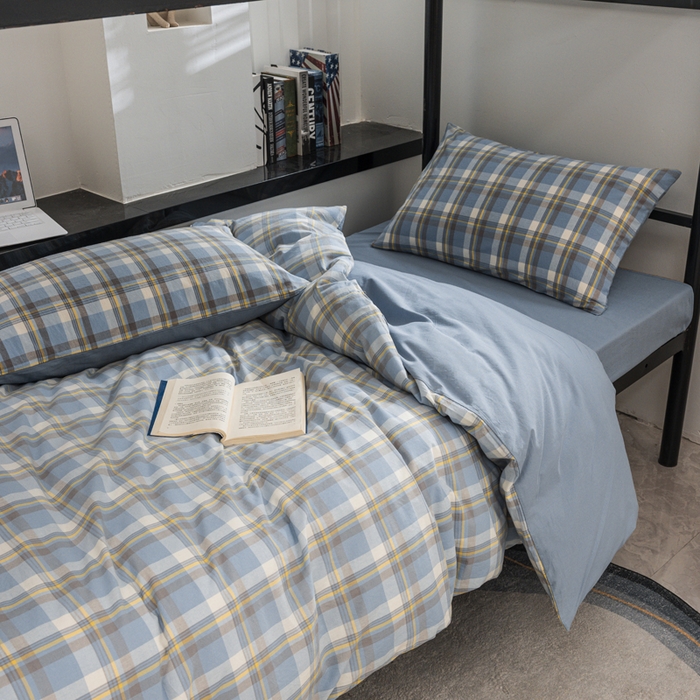 91家纺网 家纺一手货源 找家纺 柠萌家居 2025新款无印良品风色织水洗棉A类学生宿舍三件套 简兮蓝