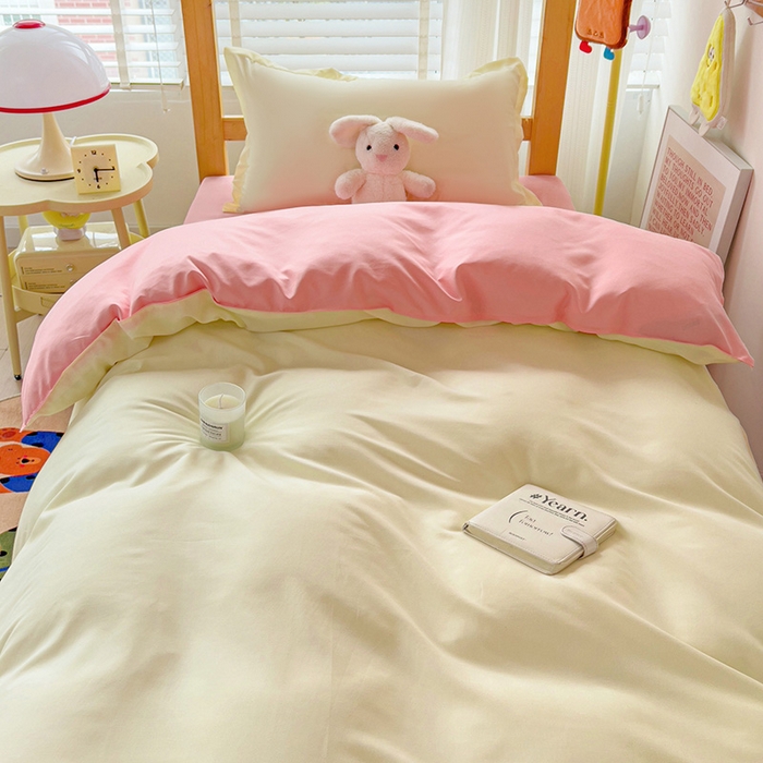 91家纺网 家纺一手货源 找家纺 楠沐家纺 2025新款亲肤芦荟棉印花学生宿舍上下铺四件套三件套 米黄+浅玉