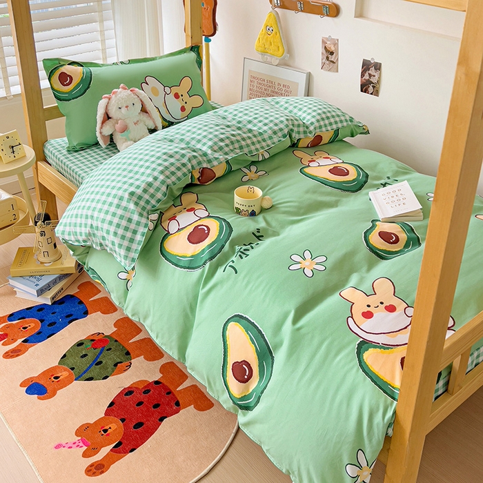 91家纺网 家纺一手货源 找家纺 楠沐家纺 2025新款亲肤芦荟棉印花学生宿舍上下铺四件套三件套 牛油果小兔