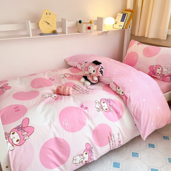 91家纺网 家纺一手货源 找家纺 曼之夏 2024新款全棉三丽鸥学生三件套 圈圈美乐蒂