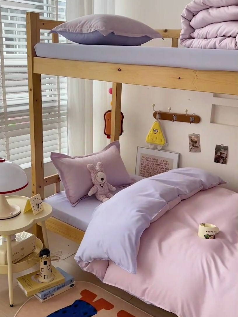 91家纺网 家纺一手货源 找家纺 楠沐家纺 2025新款亲肤芦荟棉印花学生宿舍上下铺四件套三件套 泡泡粉+泡泡紫