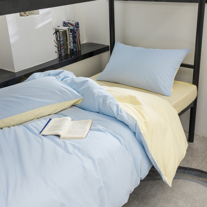 91家纺网 家纺一手货源 找家纺 柠萌家居 2025新款无印良品风色织水洗棉A类学生宿舍三件套 天蓝奶黄