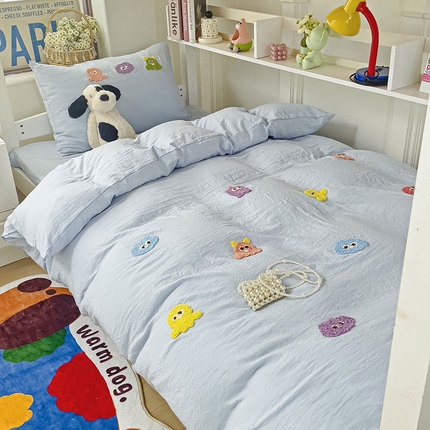 韩巢家纺 2024新款超柔水洗棉毛巾绣学生宿舍上下铺三件套四件套-小精灵系列 小精灵浅蓝