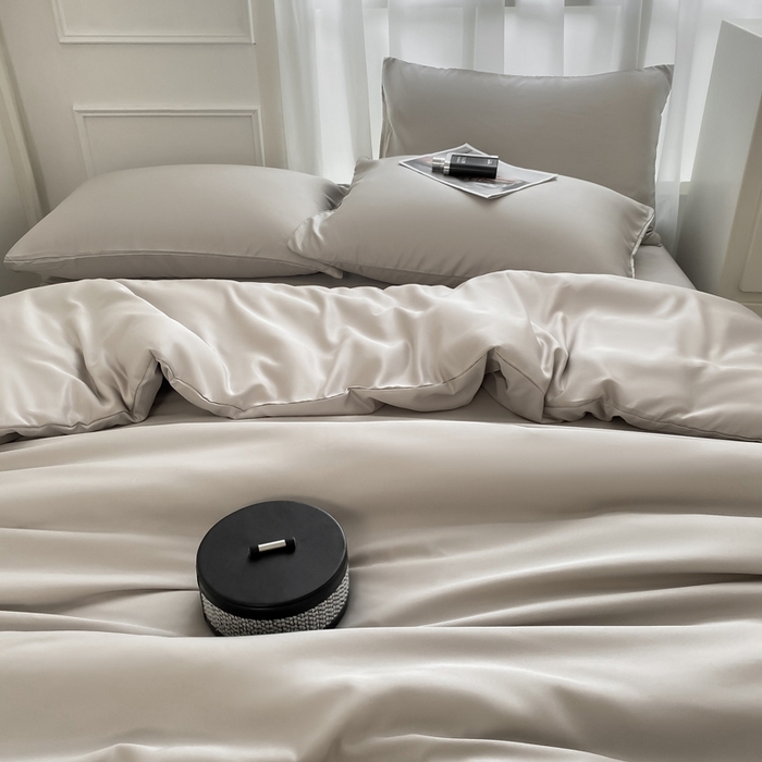 91家纺网 家纺一手货源 找家纺 乐沐家纺 2024新款夏季水洗冰丝四件套水洗真丝纯色双拼单被套-风格二 月光灰