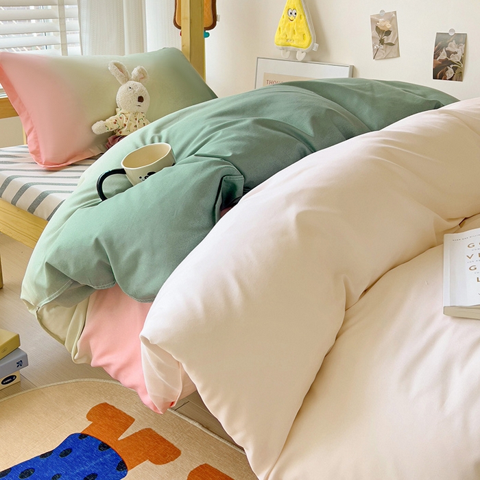 91家纺网 家纺一手货源 找家纺 楠沐家纺 2025新款亲肤芦荟棉印花学生宿舍上下铺四件套三件套 松石粉绿