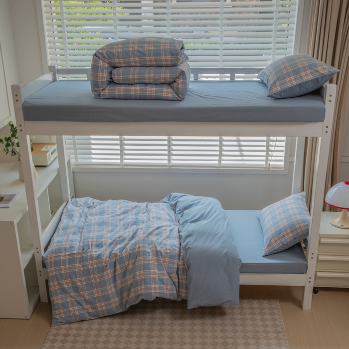 91家纺网 家纺一手货源 找家纺 柠萌家居 2025新款无印良品风色织水洗棉A类学生宿舍三件套 麦凯蓝