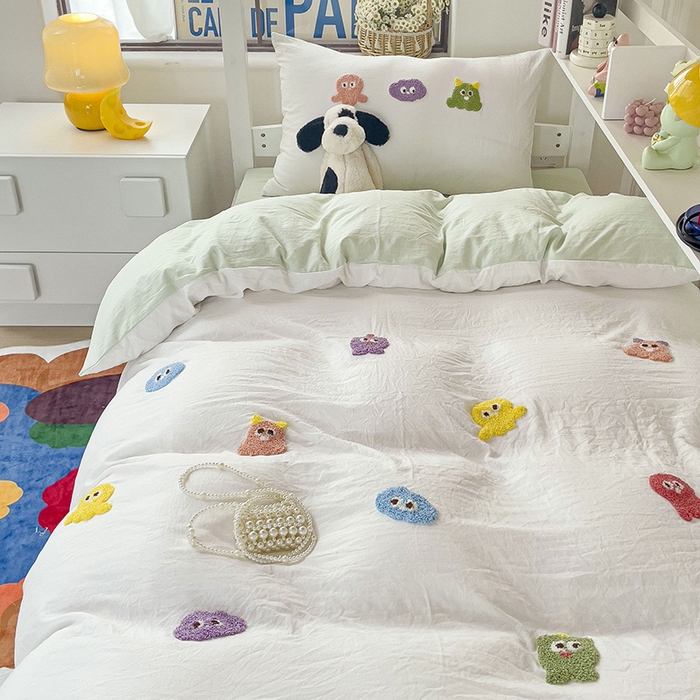 91家纺网 家纺一手货源 找家纺 韩巢家纺 2024新款超柔水洗棉毛巾绣学生宿舍上下铺单件被套-小精灵系列 小精灵白绿