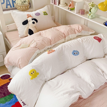 韩巢家纺 2024新款超柔水洗棉毛巾绣学生宿舍上下铺单件被套-小精灵系列 小精灵白浅粉