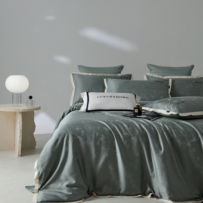 91家纺网 家纺一手货源 找家纺 安莱生活 2024新款60S天丝棉提花四件套-铂金摩卡 星辰-梦华绿