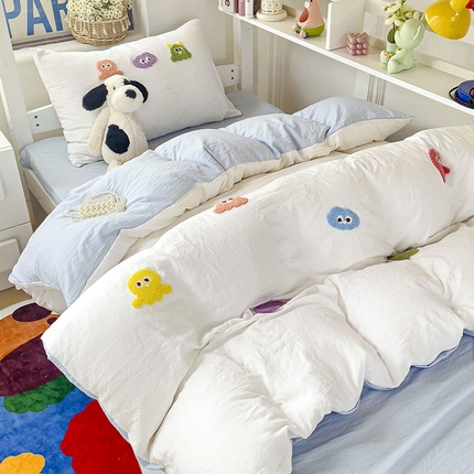 韩巢家纺 2024新款超柔水洗棉毛巾绣学生宿舍上下铺单件被套-小精灵系列 小精灵白蓝
