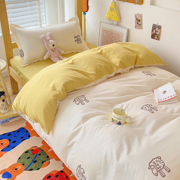 91家纺网 家纺一手货源 找家纺 楠沐家纺 2025新款亲肤芦荟棉印花学生宿舍上下铺四件套三件套 小绵羊黄