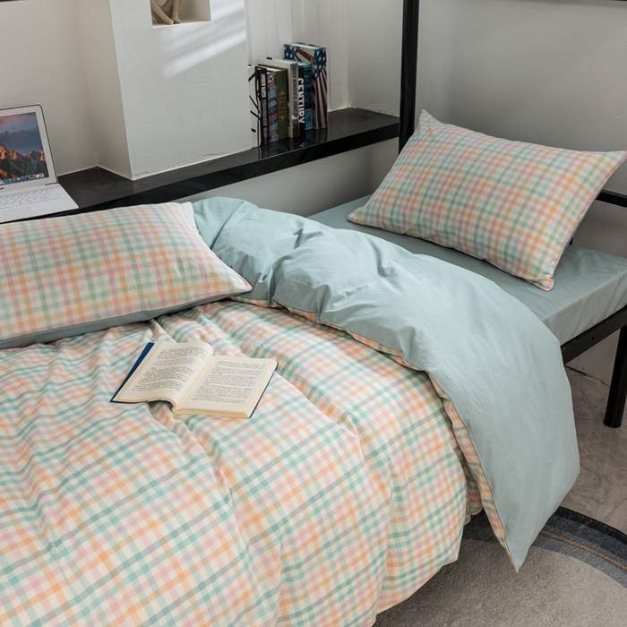 91家纺网 家纺一手货源 找家纺 柠萌家居 2025新款无印良品风色织水洗棉A类学生宿舍三件套 冰激凌绿