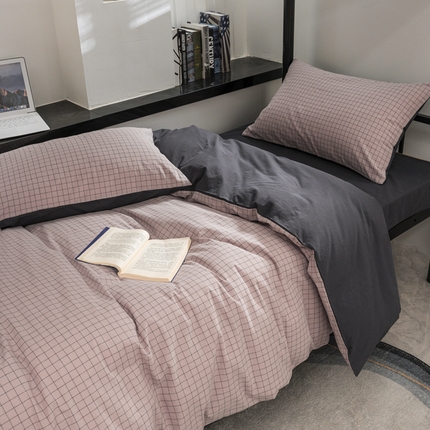 柠萌家居 2025新款无印良品风色织水洗棉A类学生宿舍三件套 丁香粉格