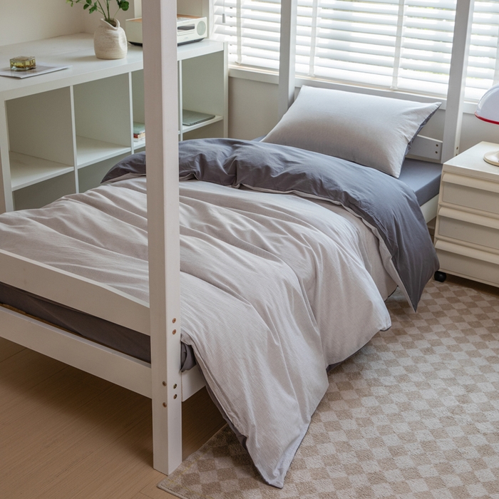 91家纺网 家纺一手货源 找家纺 柠萌家居 2025新款无印良品风色织水洗棉A类学生宿舍三件套 灰密条