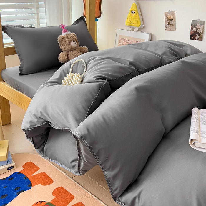 91家纺网 家纺一手货源 找家纺 楠沐家纺 2025新款亲肤芦荟棉印花学生宿舍上下铺四件套三件套 深灰