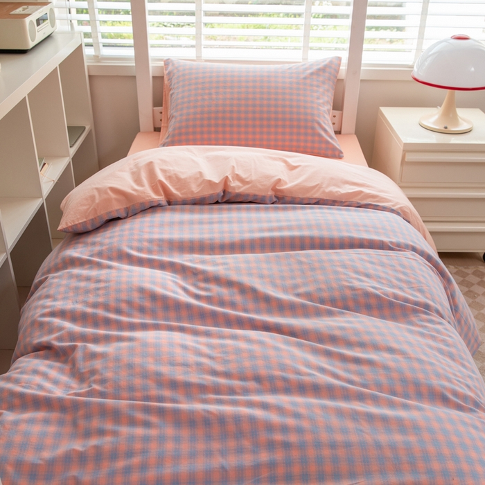 91家纺网 家纺一手货源 找家纺 柠萌家居 2025新款无印良品风色织水洗棉A类学生宿舍三件套 星辰蓝桔